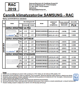 Cennik Samsung 2017 - RAC - klimatyzatory ścienne 
